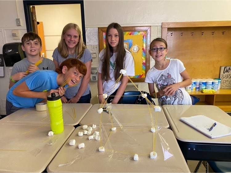 students with marshmallow tower